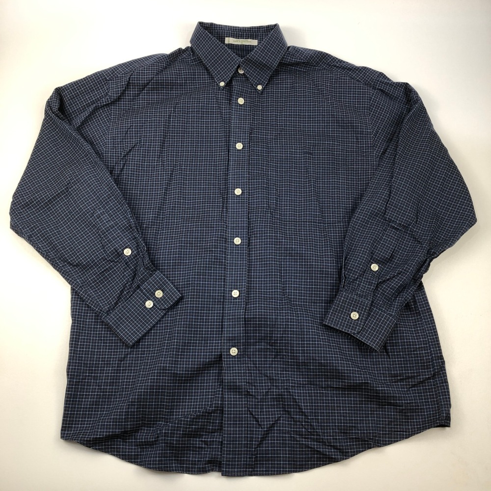 Orvis Shirt Mens XL Navy Blue Grid Pattern Button Down Long Sleeve 100% Cotton